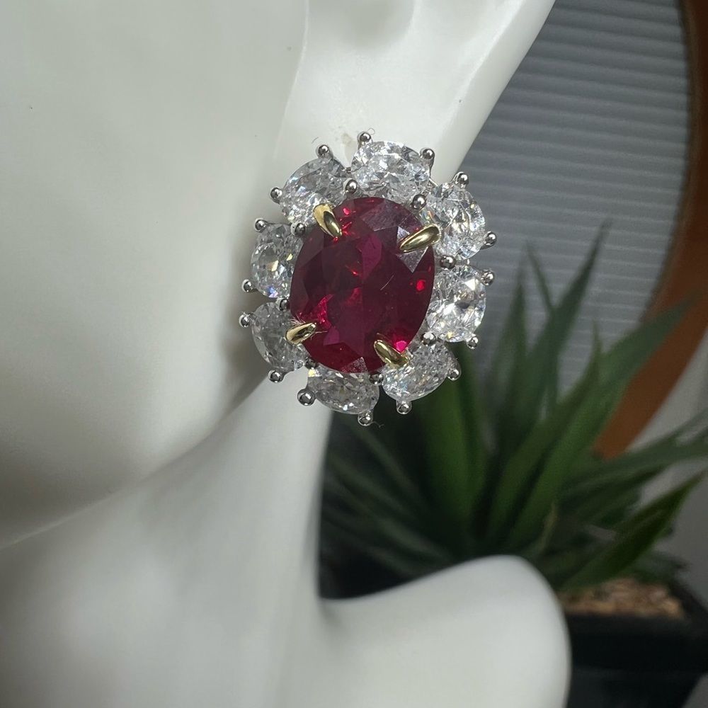 Ruby halo white sapphire‎ earrings - Picture 3 of 10